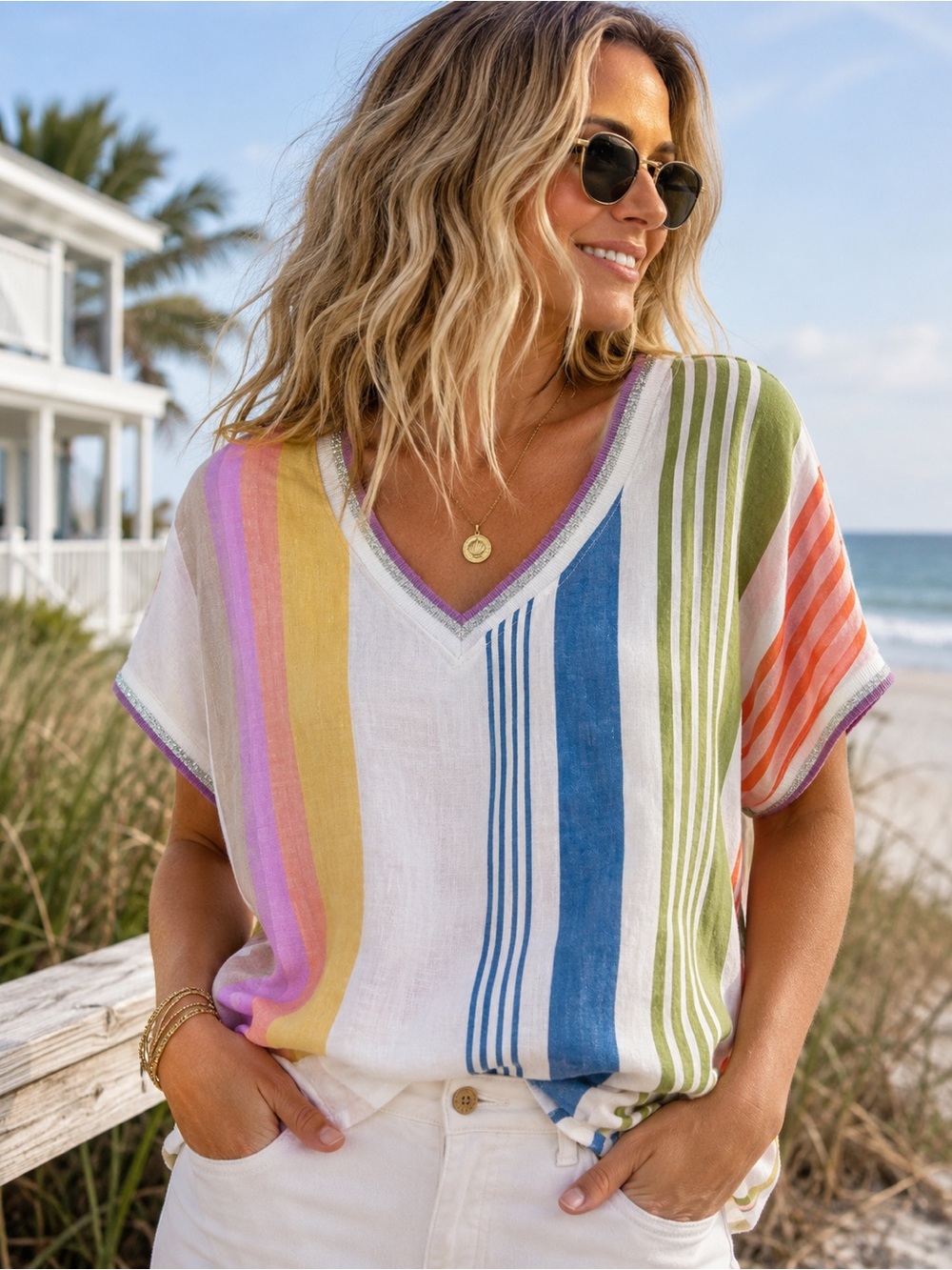 Sharon Young 100% Linen Striped Colorblock Top Large Coastal Resort Preppy